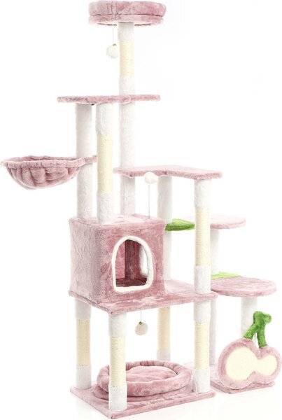 Tiragraffi Fudajo "Ciliegie" in rosa alto 162 cm, tiragraffi per gatti con tiragraffi a forma di ciliegia, albero per gatti con casetta per gatti, mangiatoia e palline da gioco