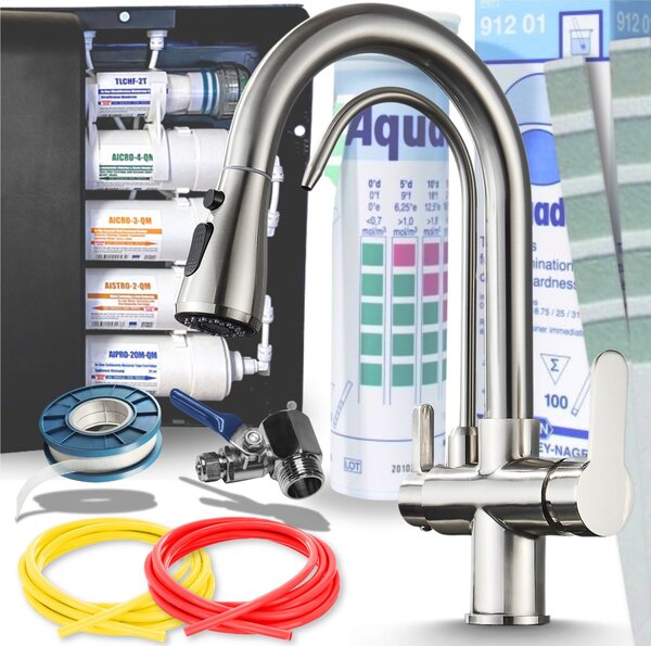 Rubinetto da cucina a 3 vie Ari Nordic con doccetta estraibile, beccuccio girevole 360, acciaio inox satinato, per filtro acqua