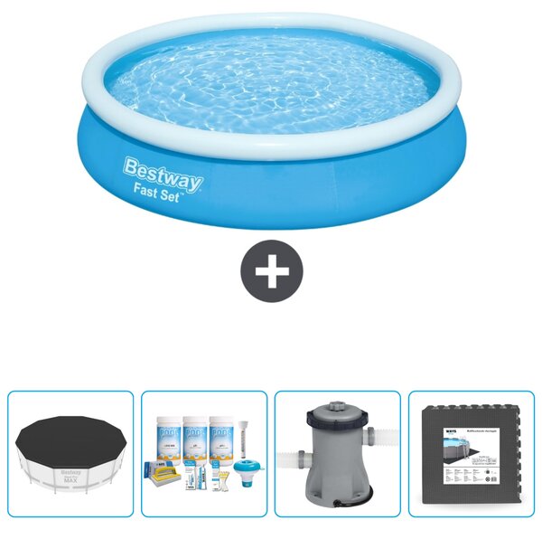 Bestway piscina gonfiabile rotonda ad ambientazione rapida - 366 x 76 cm - blu - include copertura - pacchetto manutenzione - pompa - piastrelle per pavimento