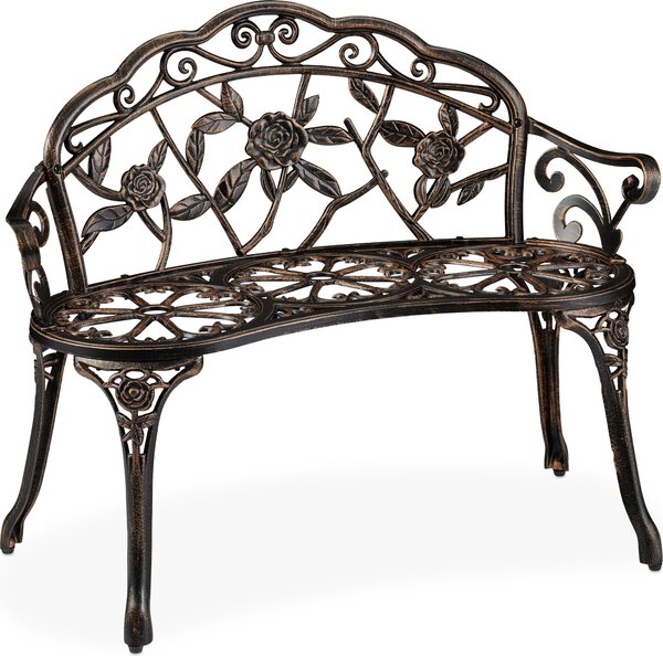 Panchina da giardino Relaxdays, 2 posti, con motivo a rose, per terrazza o balcone, in alluminio e ghisa, stile antico, dimensioni: 78 x 99 x 52 cm, color bronzo