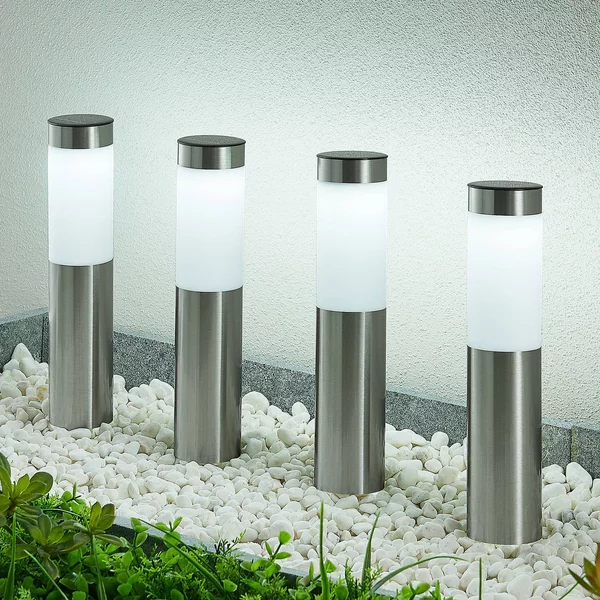 Lindby lampioncino LED solare, set da 4, picchetto, 31 cm, IP44 Sirita, Alluminio / Grigio / Zincato, Acciaio Inox, Moderno, Lampade solari