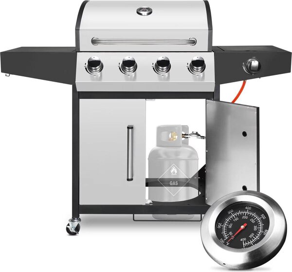 Barbecue a gas 5 in 1 - argento - 4,1 bruciatori con griglia laterale - termostato e vaschetta per l'olio