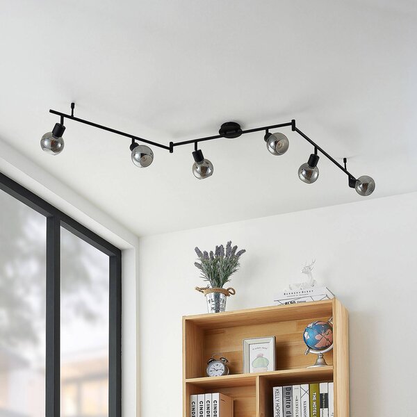 Lindby Eridia faretto soffitto nero 6 luci, lungo Lindby, dimmerabile, Nero, Soggiorno / Sala da pranzo, Metallo, Moderno, Faretto