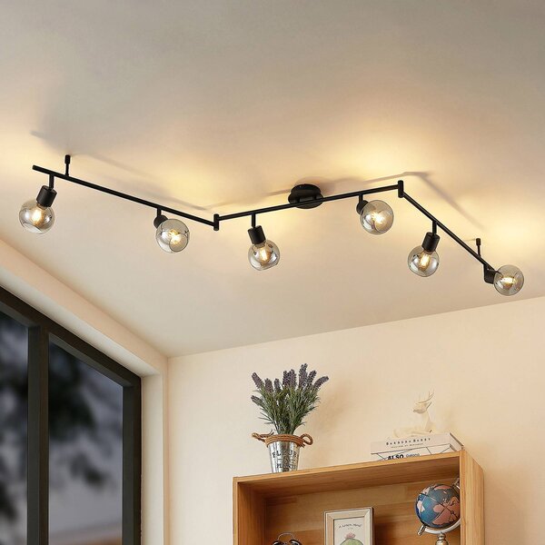 Lindby Eridia faretto soffitto nero 6 luci, lungo Lindby, dimmerabile, Nero, Soggiorno / Sala da pranzo, Metallo, Moderno, Faretto