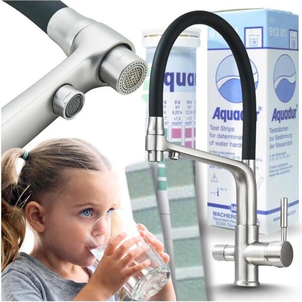 Rubinetto da cucina a 3 vie Ari con doccetta estraibile, canna girevole 360 gradi, acciaio inox satinato, per filtro acqua