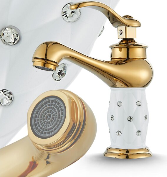 Rubinetto lavabo bagno Ari Aristo monocomando, cartuccia in Vetroceramica, aeratore integrato, ottone, oro e bianco, stile glamour
