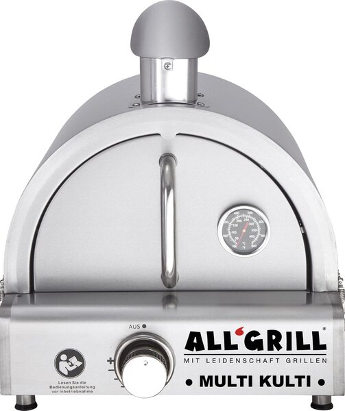 Allgrill MULTI-KULTI Set 2 antideflagrante - griglia a gas + cofano pizza in acciaio inox con camino