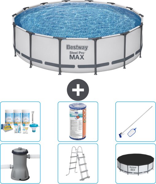 Piscina Bestway Round Steel Pro MAX - 427 x 107 cm - grigio - compresa pompa - scala - copertura pacchetto manutenzione - filtro - kit pulizia