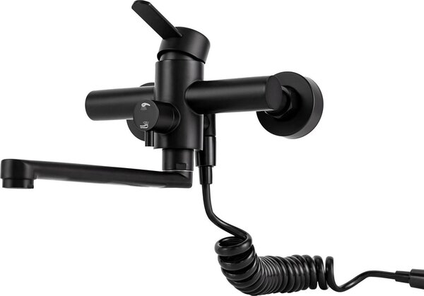 Rubinetto da cucina - Rubinetto a parete con pistola a spruzzo - Orientabile a 360° - 3 modalità di spruzzo - Tubo estraibile da 1,5 m - Acciaio inox 304 - Nero