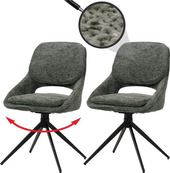 Set di 2 sedie da pranzo HWC-N73, sedia da cucina, girevole a ritorno automatico, tessuto/ceniglia (490g/m²) Oeko-Tex ~ verde