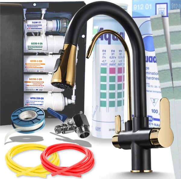 Rubinetto da cucina Ari Nordic a 3 vie con doccetta estraibile, beccuccio girevole 360 gradi, predisposizione filtro acqua, nero oro