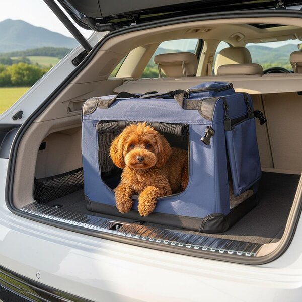 Trasportino per animali domestici belviona pieghevole, comodo e sicuro, Oxford + rete, riponibile in poco spazio, fino a 12 kg, 60x42x44 cm, blu navy