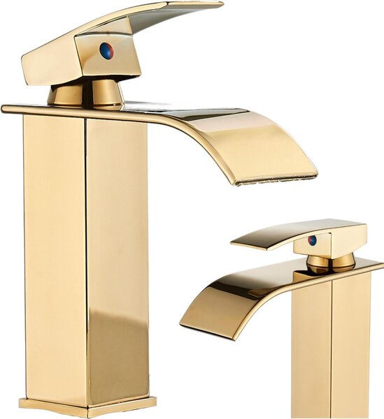 Rubinetto lavabo bagno Ari Waterfall in ottone, miscelatore monocomando con cascata, cartuccia Vetroceramica, finitura oro lucido