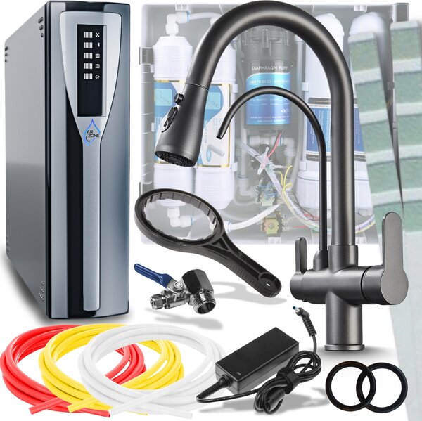 Rubinetto da cucina a 3 vie Ari Nordic con doccetta estraibile, beccuccio girevole 360 gradi, per filtro acqua, grafite