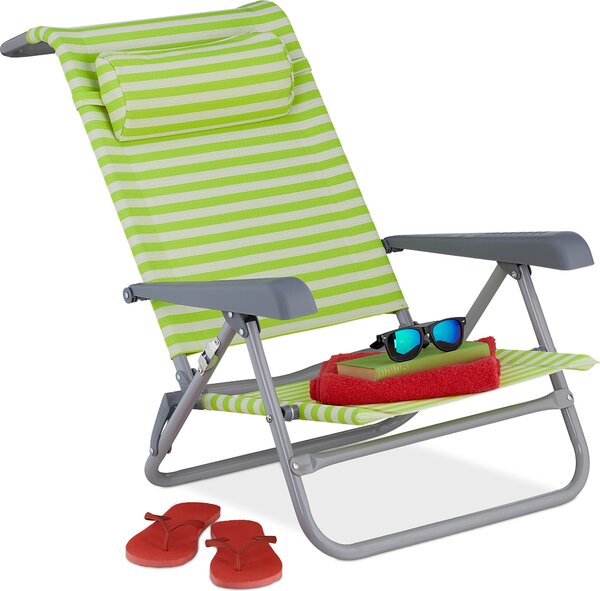 Sdraio pieghevole Relaxdays, regolabile su 8 posizioni, con cuscino per il collo, braccioli e apribottiglie, verde/bianco