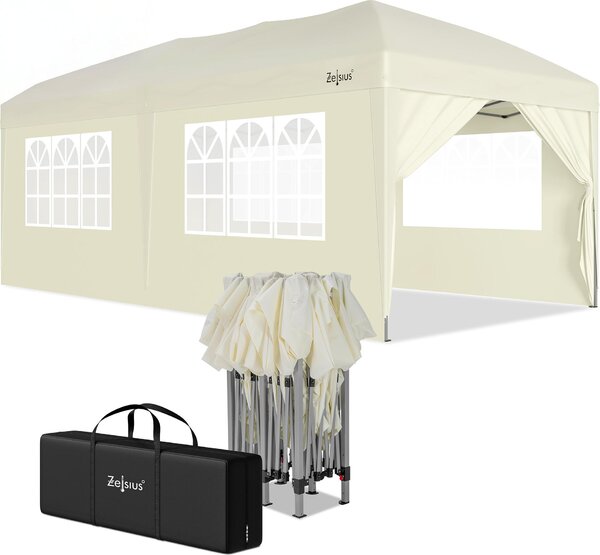 Gazebo pieghevole Zelsius 3x6 m con pareti laterali, beige, gazebo pieghevole UV30, tenda da giardino pieghevole
