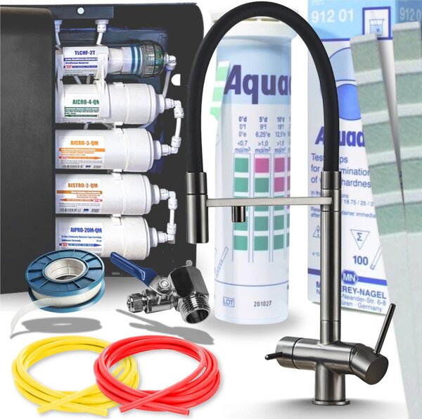 Rubinetto da cucina a 3 vie Ari HighFlex con doccetta estraibile e beccuccio girevole 360, per acqua filtrata, grafite antracite