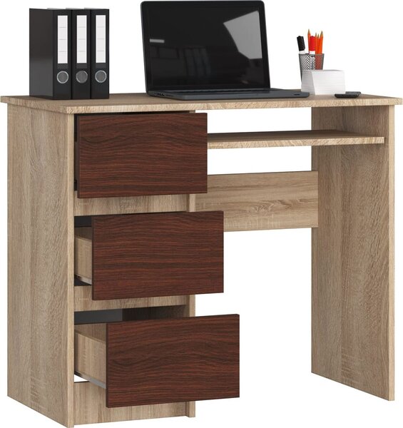BDW, scrivania per computer con 3 cassetti, cassetto per tastiera, 90x77x50 cm, rovere Sonoma / Venga (a sinistra)