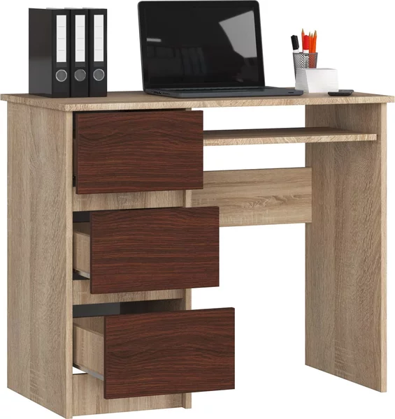 BDW, scrivania per computer con 3 cassetti, cassetto per tastiera, 90x77x50 cm, rovere Sonoma / Venga (a sinistra)