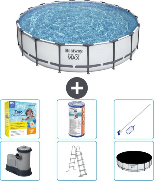 Piscina Bestway Round Steel Pro MAX - 549 x 122 cm - grigio - compresa pompa - scala - copertura pacchetto manutenzione - filtro - kit pulizia