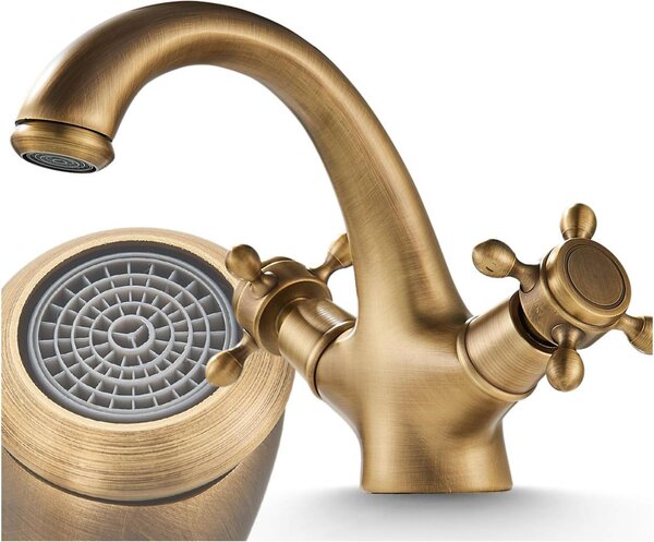 Miscelatore lavabo Ari Retro, rubinetto bagno con aeratore, valvola in Vetroceramica, ottone antico, montaggio monoforo