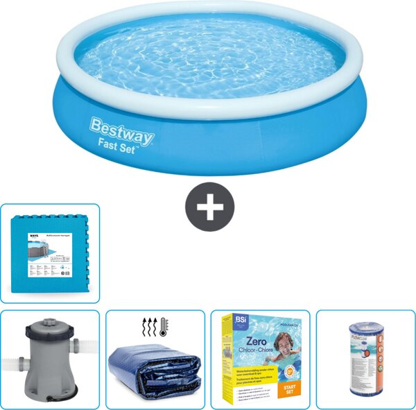 Piscina gonfiabile rotonda Bestway ad ambientazione rapida - 366 x 76 cm - blu - inclusa pompa tenda - pacchetto manutenzione - filtro - pavimento in piastrelle