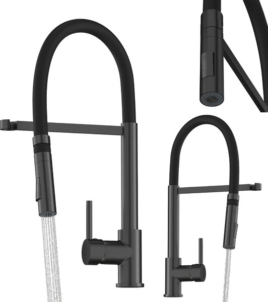 Granitan | Miscelatore da cucina - Bocca flessibile - Nero - Orientabile a 360° - Estraibile - Grigio metallizzato