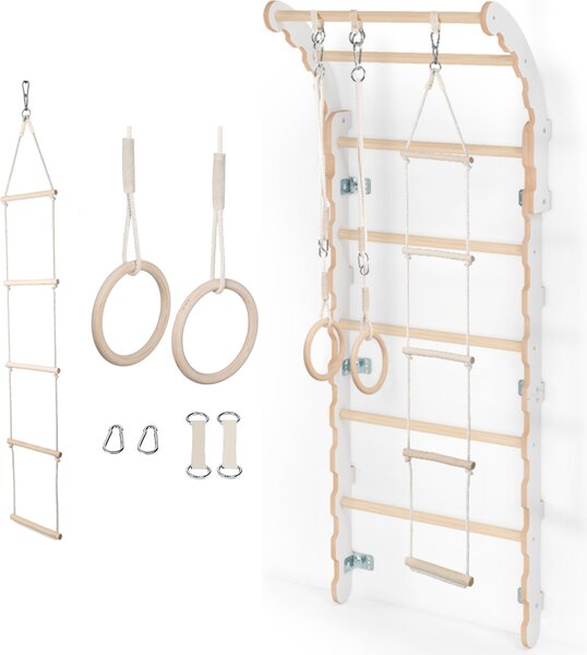 Midi spalliera a parete per stanze dei bambini | Spalliera con gradini d'arrampicata + anelli da ginnastica + scaletta d'arrampicata | 100% ECO
