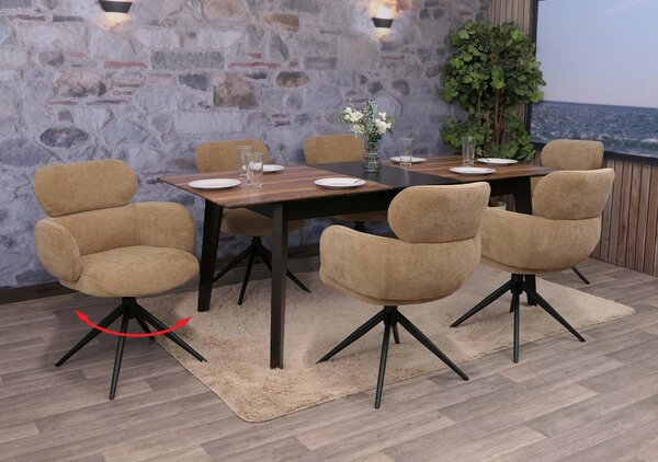 Set di 6 sedie per sala da pranzo HWC-O77, sedia da cucina, girevole a ritorno automatico, tessuto (310g/m²) ciniglia Oeko-Tex ~ marrone chiaro
