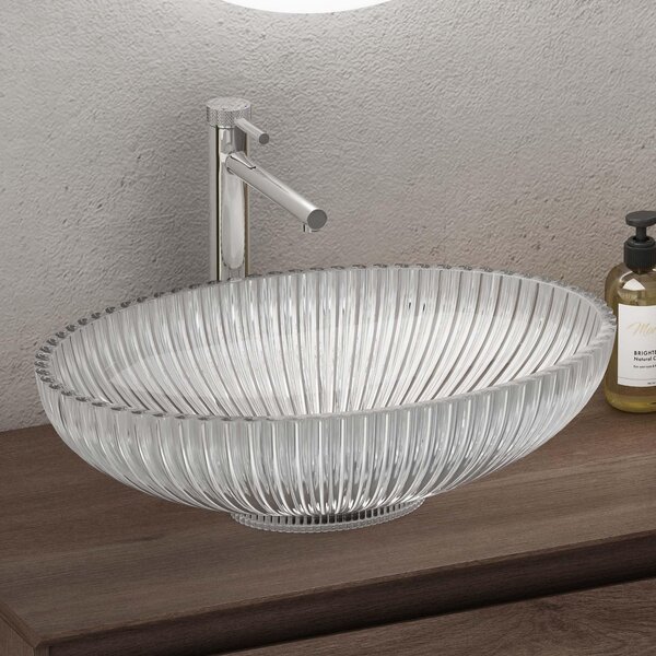 Doporro Lavabo da Appoggio in Vetro Temperato Lavandino Bagno Ovale 50,5 x 35 x 14,5 cm Trasparente Lavello Design Artistico con Texture per Cucina WC Ospiti Minerva04