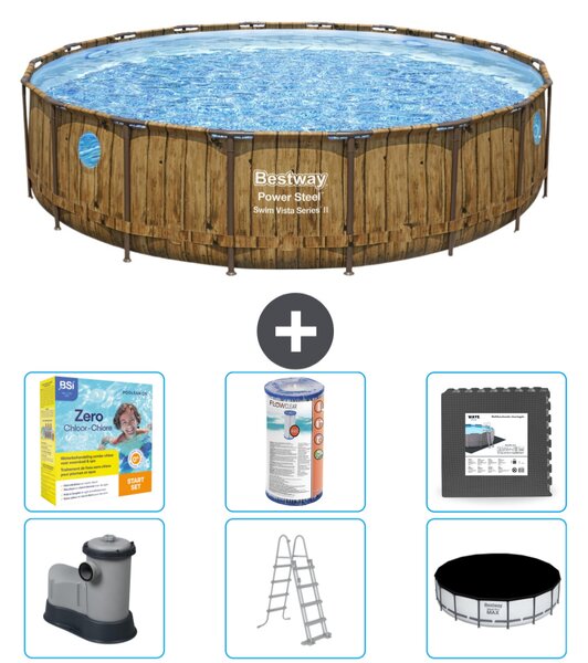 Piscina Bestway Round Power Steel Swim Vista - stampa su legno - 549 x 122 - compresa pompa - scaletta - copertura pacchetto manutenzione - filtro - piastrelle per pavimento
