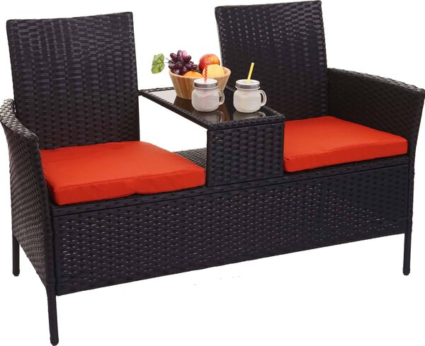 Panchina in polyrattan con tavolino MCW-E24, set da giardino con divanetto, 132 cm ~ nero, cuscini color terracotta