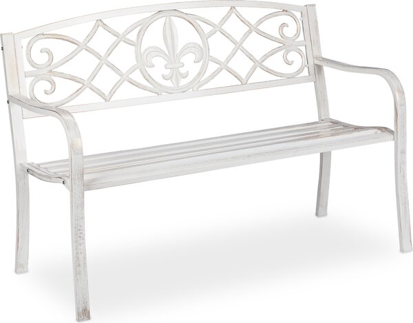 Panchina da giardino Relaxdays, robusta panchina da parco in metallo, panca con schienale in ghisa per esterni, 86x127x57 cm, bianco/bronzo