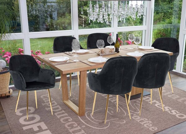 Set di 6 sedie per sala da pranzo HWC-F18, sedia da cucina, design retrò ~ velluto nero, gambe dorate