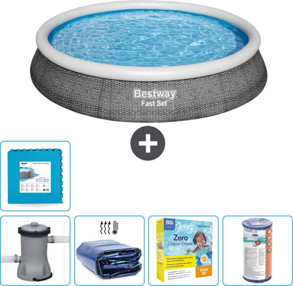 Set piscina gonfiabile rotonda Bestway - stampa rattan - 396 x 84 cm - inclusa pompa tenda da sole - pacchetto manutenzione - filtro - pavimento in piastrelle
