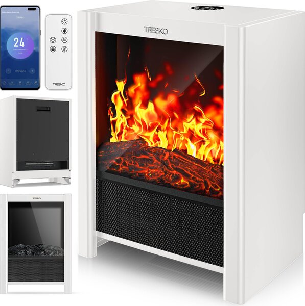 TRESKO® Caminetto elettrico con riscaldamento e telecomando 2000W, app WiFi | caminetto elettrico con effetto fiamma LED e display LCD | caminetto con termostato, timer | stufa elettrica a legna da appoggio per caminetto con termoventilatore