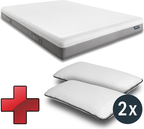 Materasso viscoelastico Sleezzz Premium 180 x 200 cm, altezza 20 cm, livello di rigidità H2/H3, con maniglie reversibili + 2 guanciali Sleezzz® Smart regolabili in altezza