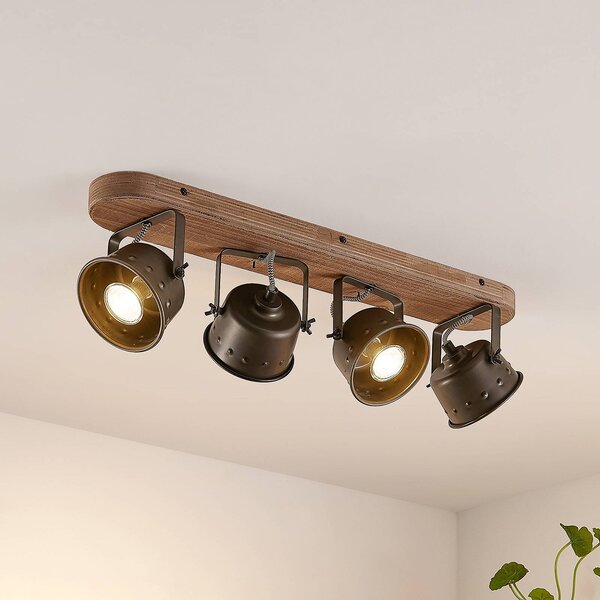 Faretto da soffitto Lindby Rubinjo, 62 cm, a 4 luci, in legno, GU10 Rubinjo Lindby, dimmerabile, Nero, Soggiorno / Sala da pranzo, Metallo, Vintage, Faretto