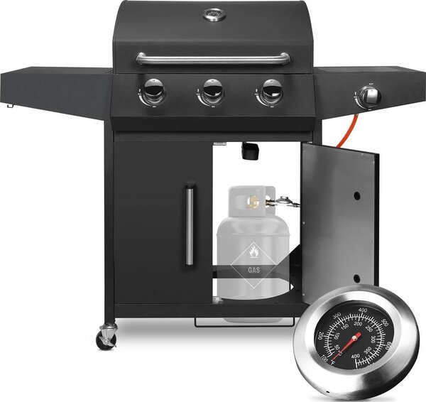 BBQ a gas - 3+1 bruciatori - 24.000 BTU - bruciatore laterale e tavolo laterale - acciaio inox - smaltato in porcellana - modello a carrello - gas naturale - nero