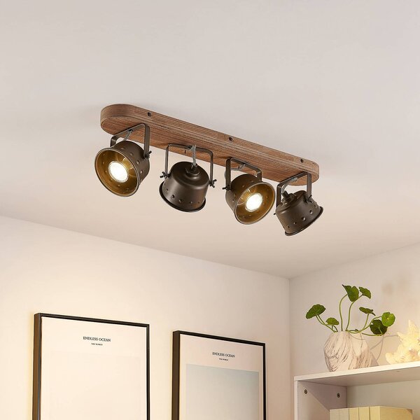Faretto da soffitto Lindby Rubinjo, 62 cm, a 4 luci, in legno, GU10 Rubinjo Lindby, dimmerabile, Nero, Soggiorno / Sala da pranzo, Metallo, Vintage, Faretto