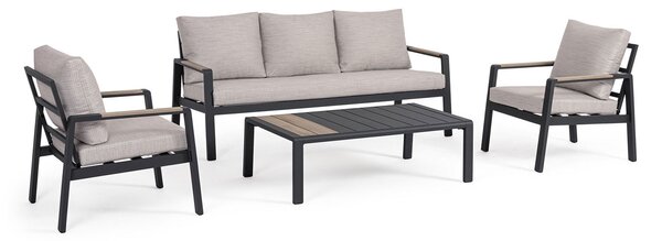 Set 4 Pezzi Salotto da Giardino con Divano 2 Poltrone e Tavolino in Alluminio e Polywood Elna Antracite