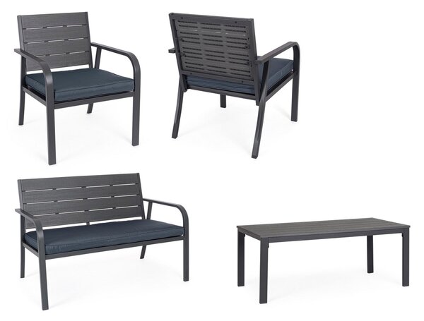 Set 4 Pezzi Salotto da Giardino con Divano 2 Poltrone e Tavolino in Acciaio e HDPE Sarita Antracite