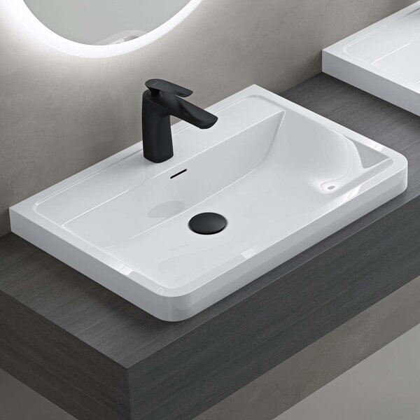 Doporro Lavabo da Appoggio, Lavandino Bagno 90x48x14,5cm, Lavabo da Minerale Fuso Colossum08, Bianco lucido