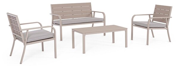 Set 4 Pezzi Salotto da Giardino con Divano 2 Poltrone e Tavolino in Acciaio e HDPE Sarita Tortora