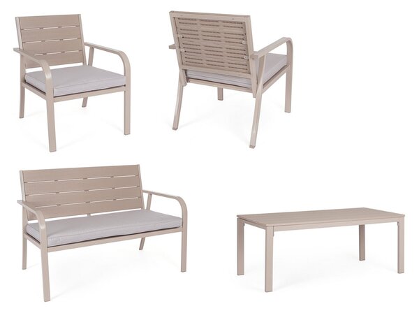 Set 4 Pezzi Salotto da Giardino con Divano 2 Poltrone e Tavolino in Acciaio e HDPE Sarita Tortora