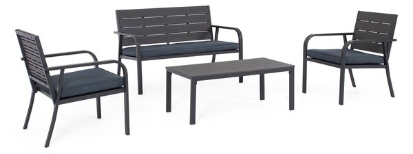 Set 4 Pezzi Salotto da Giardino con Divano 2 Poltrone e Tavolino in Acciaio e HDPE Sarita Antracite