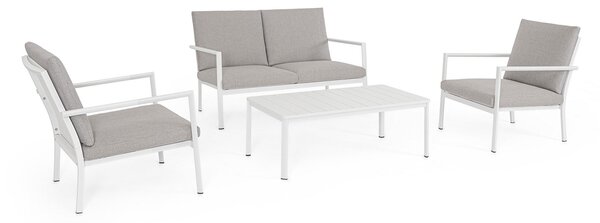 Set 4 Pezzi Salotto da Giardino con Divano 2 Poltrone e Tavolino in Alluminio e PP Konnor Bianco