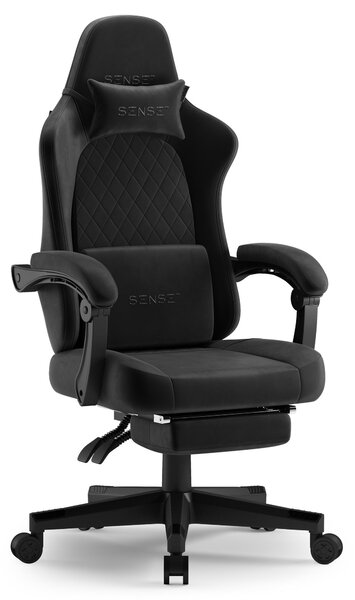 SENSE7 Devon Sedia da gioco in tessuto nero - Sedia da ufficio ergonomica con poggiapiedi Sedia da scrivania per PC Sedia da gaming Alcantara 120 kg