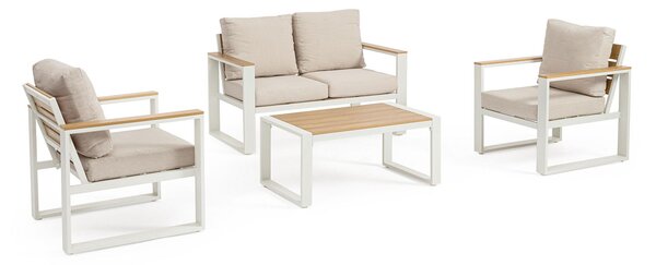Set 4 Pezzi Salotto da Giardino con Divano 2 Poltrone e Tavolino in Alluminio e Polywood Leandro Bianco e Beige