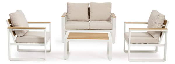 Set 4 Pezzi Salotto da Giardino con Divano 2 Poltrone e Tavolino in Alluminio e Polywood Leandro Bianco e Beige